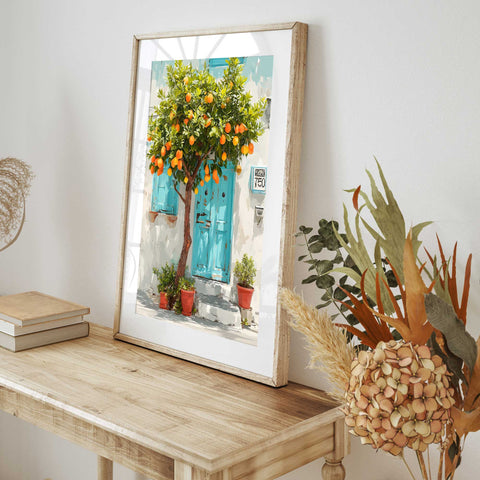 Mediterranean doorway with citrus tree art