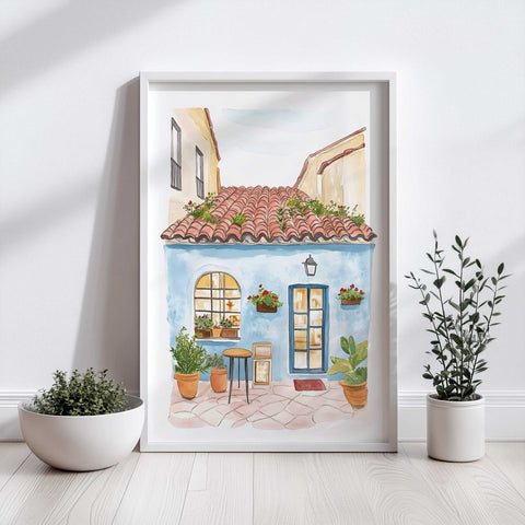 Mediterranean home art with blue door, arched window, and red tiles


