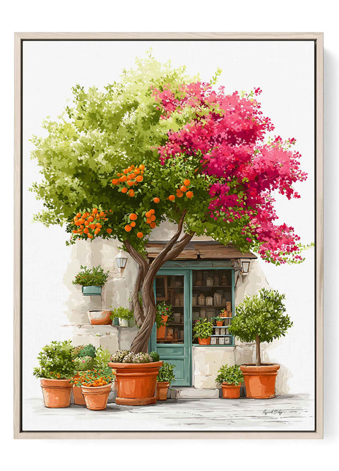 Mediterranean orange tree watercolor art print with Italian storefront