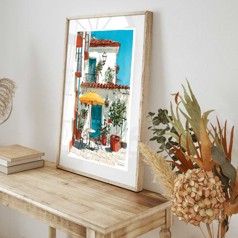 Mediterranean patio illustration watercolor wall decor