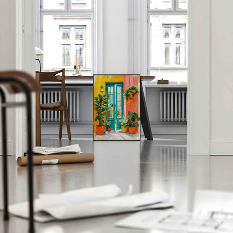 Mediterranean patio wall decor poster with bright yellow wall turquoise doors and terracotta pots