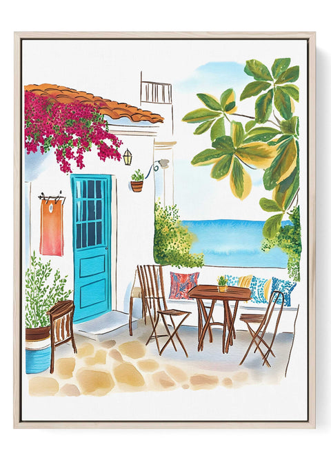 Mediterranean patio watercolor print with sea view and bougainvillea

