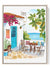 Mediterranean patio watercolor print with sea view and bougainvillea