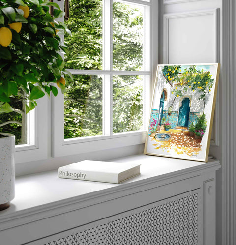 Mediterranean patio watercolor with ceramic tiles