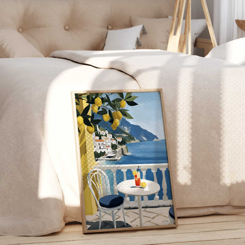 Mediterranean summer terrace scene illustration for coastal aesthetic home decor