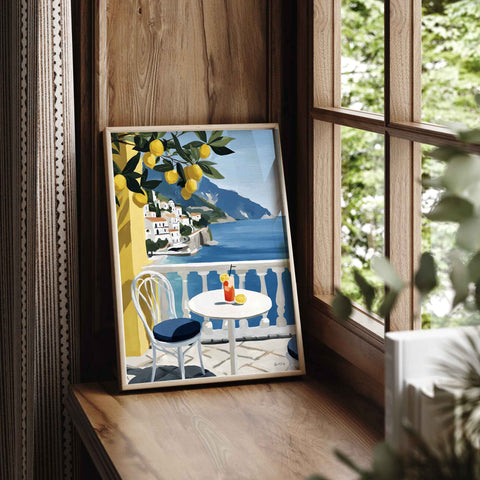 Mediterranean summer terrace scene illustration for coastal aesthetic home decor