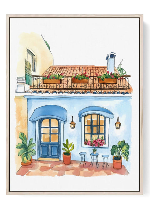 Mediterranean terrace watercolor with blue doors and rooftop flower boxes

