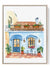 Mediterranean terrace watercolor with blue doors and rooftop flower boxes