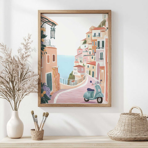 Mediterranean travel art print with hillside homes and lemon tree

