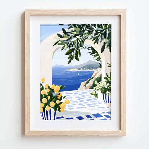 Mediterranean villa view with cliffs, lemon trees, and blue tiles

