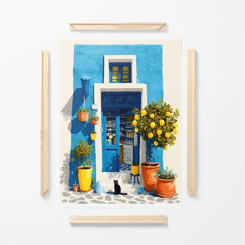 Mediterranean village watercolor lemon tree artwork