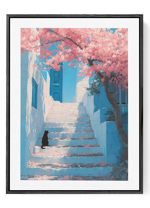 Mediterranean wall art featuring black cat on sunlit steps