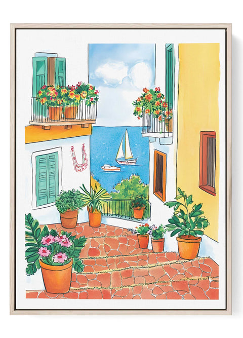 Mediterranean watercolor art print with potted flowers and sea view

