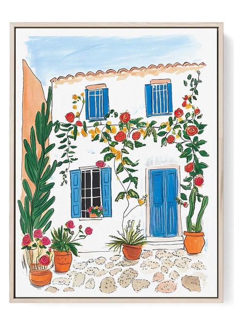 Mediterranean watercolor of white house with blue shutters and roses

