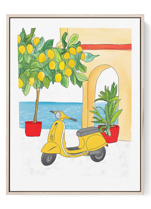 Mediterranean watercolor print of yellow scooter and lemon tree

