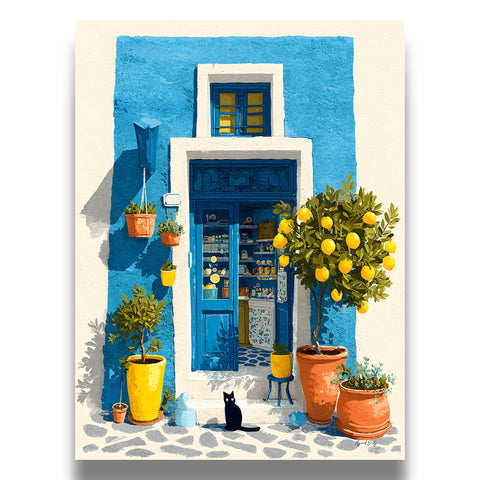Mediterranean watercolor print with lemons and plants