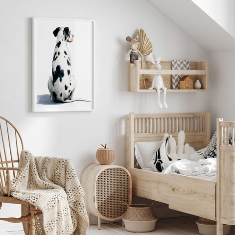 Minimalist Dalmatian sitting from behind painting with clean white background
