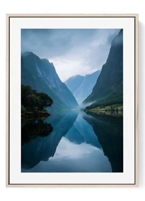 Minimalist Nordic fjord art print with misty mountains and calm water.