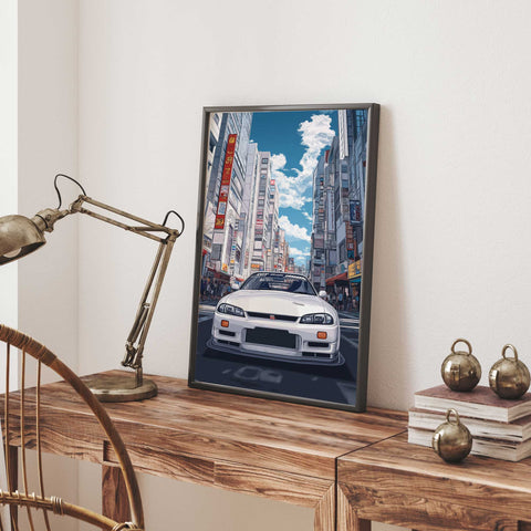 Minimalist Poster showing white Nissan GT-R R33 front view in Tokyo