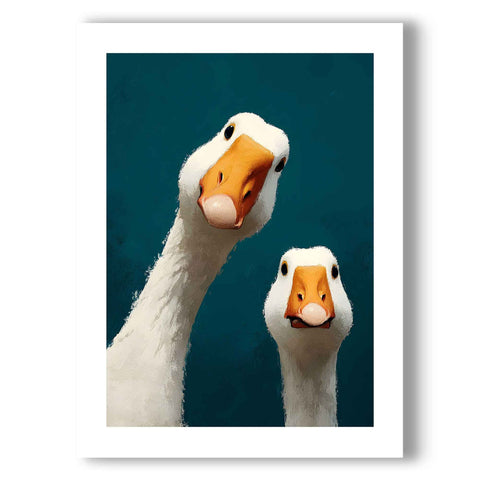 Minimalist animal poster with a bold teal, white, and orange color palette.
