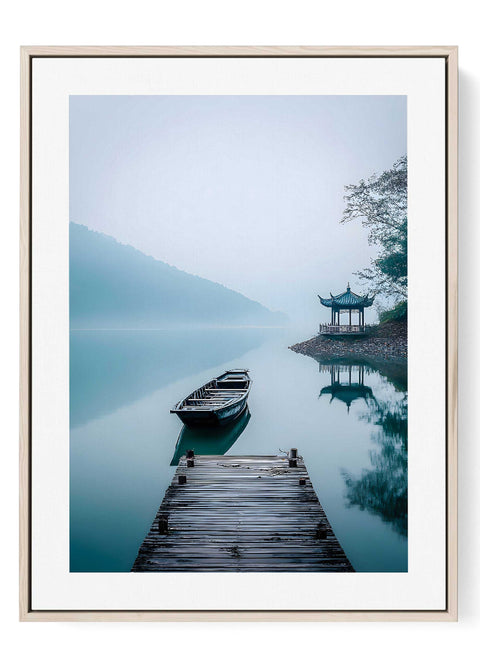 Minimalist art print featuring a wooden pavilion on a calm, misty lake.