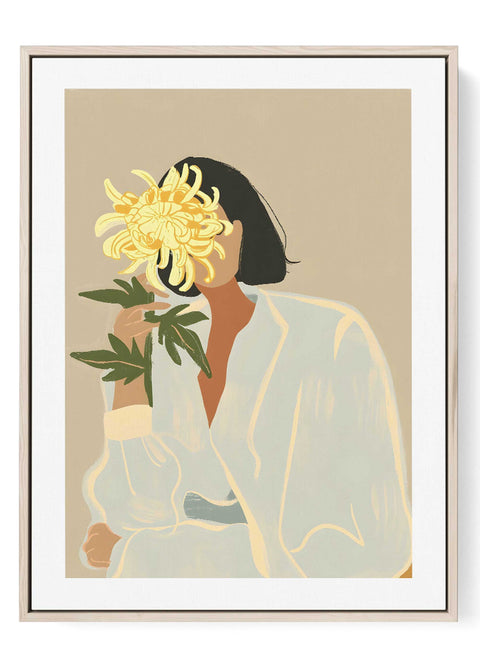 Minimalist art print of a modern woman's portrait with a yellow flower.