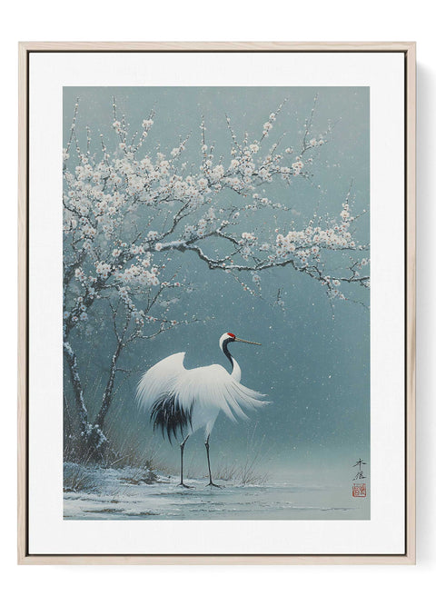 Minimalist art print of a white Japanese crane among pink cherry blossoms.