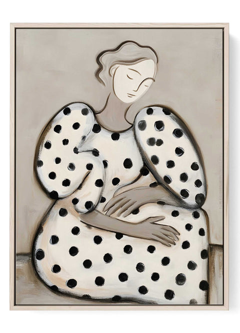 Minimalist art print of a woman in a white dress with large black polka dots.