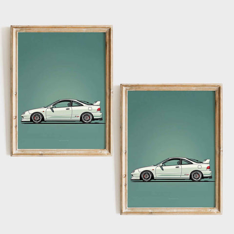 Minimalist automotive poster featuring 90s Japanese coupe silhouette