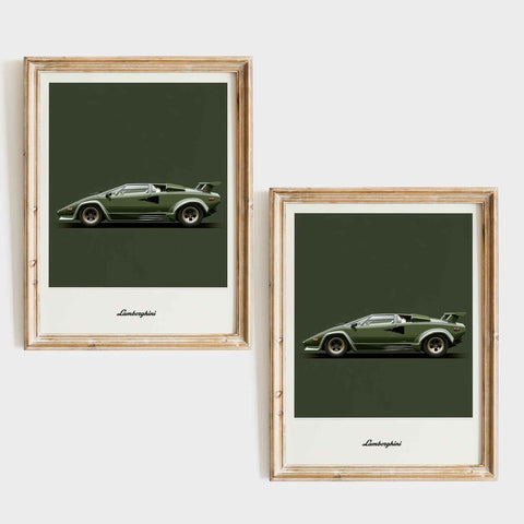 Minimalist automotive poster featuring iconic 80s supercar silhouette