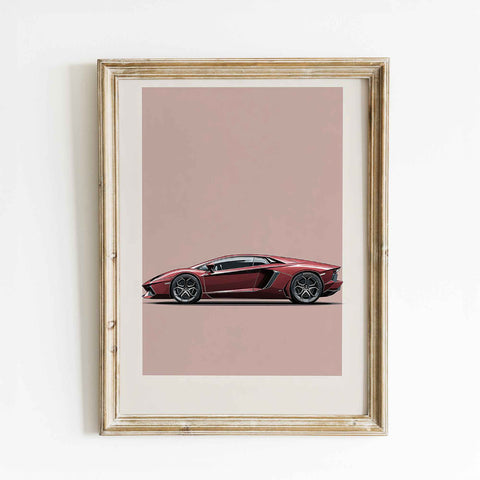 Minimalist automotive poster featuring modern V12 supercar silhouette