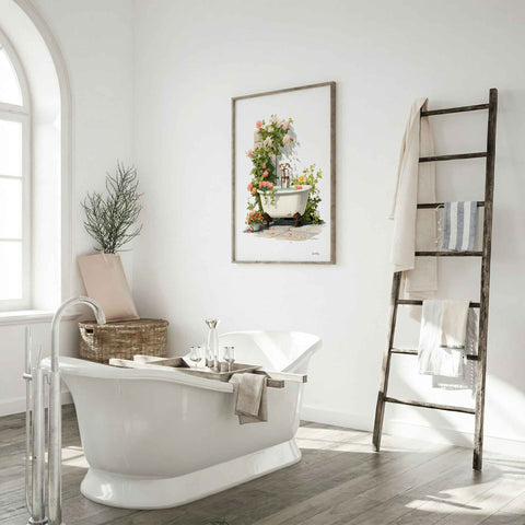 Minimalist bathroom poster with a soft pink, green, and white color palette.