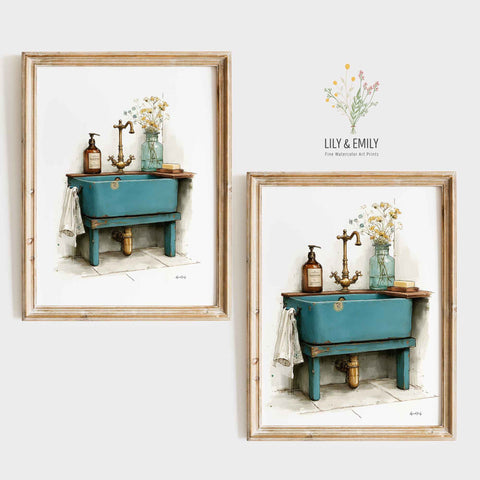 Minimalist bathroom poster with a soft teal, rose pink, and white color palette.