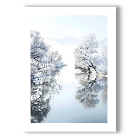 Minimalist bedroom poster with a serene winter river and tree theme.