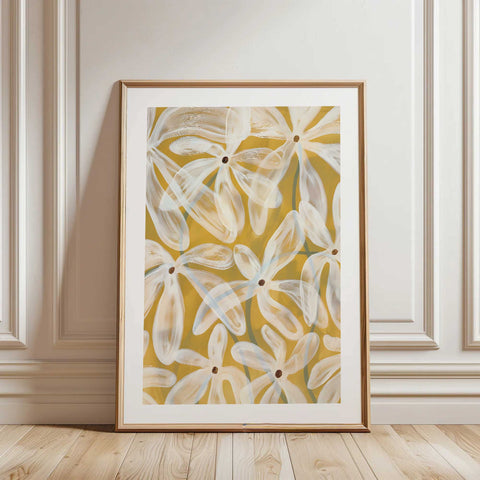 Minimalist bedroom poster with a soft, glowing botanical meadow theme.