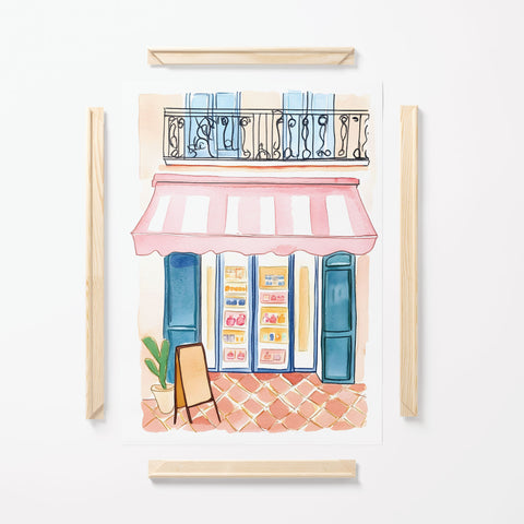 Minimalist lifestyle poster with a focus on urban wanderlust and cozy storefronts.