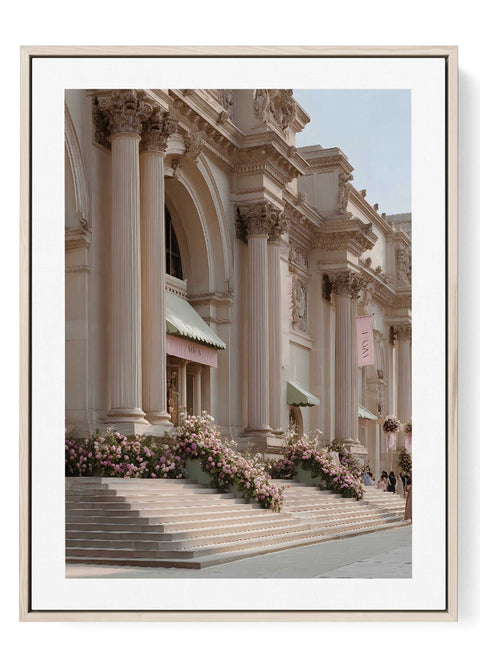 Minimalist line art print of a Beaux Arts museum with pink flowers.