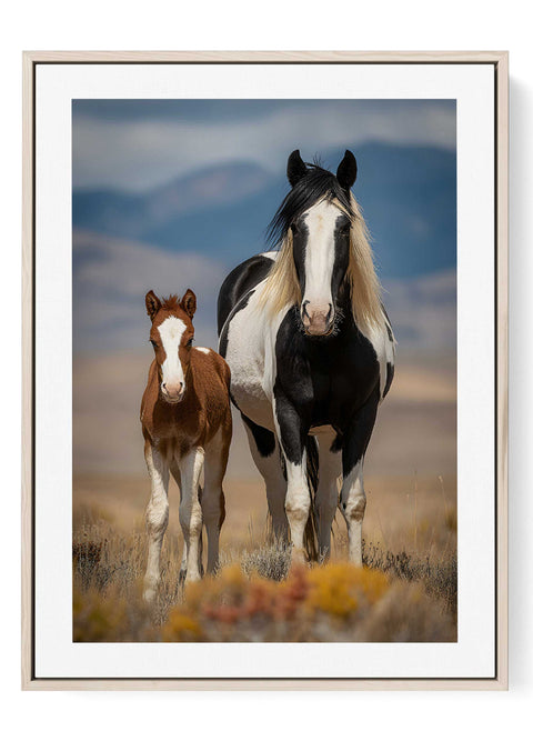 Minimalist line art print of a Pintabian mare and foal in a Western landscape.