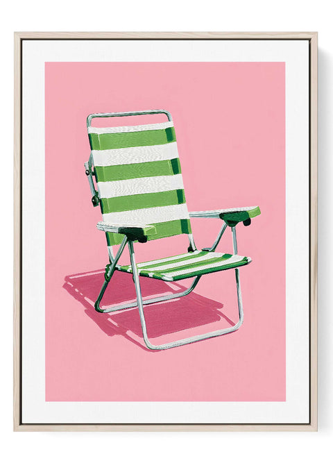 Minimalist line art print of a green and white striped beach chair.