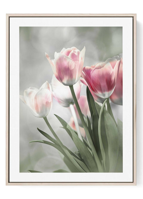 Minimalist line art print of a soft pink and white tulip bouquet.