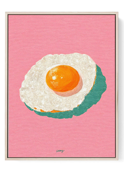 Minimalist line art print of a sunny side up egg on a bright pink background.