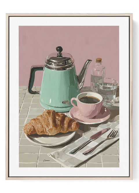 Minimalist line art print of a teapot, croissant, and coffee cup on a pink background.