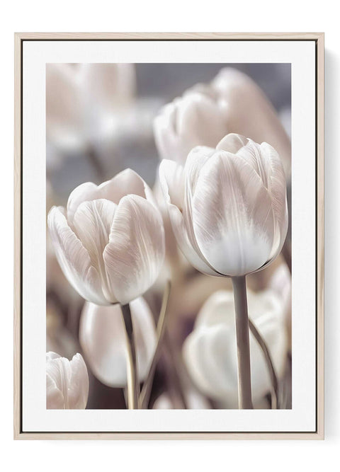 Minimalist line art print of a white tulip bouquet on a neutral background.