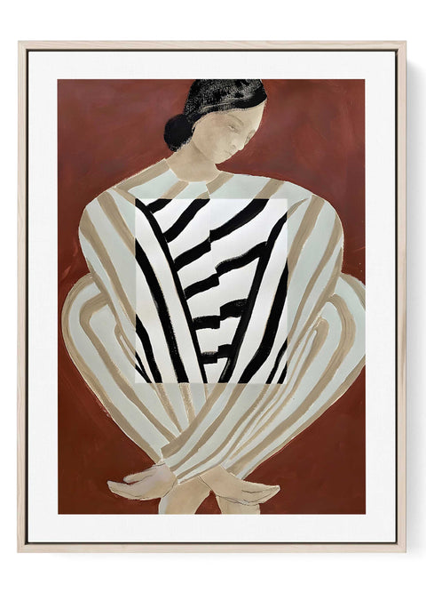 Minimalist line art print of a woman in a striped dress on a bold red background.