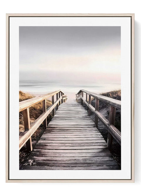 Minimalist line art print of a wooden boardwalk leading to a turquoise ocean.
