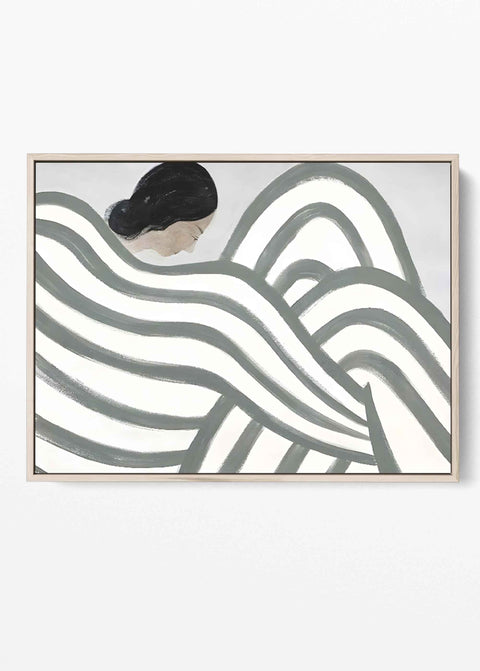 Minimalist line art print of an abstract woman silhouette with stripes.