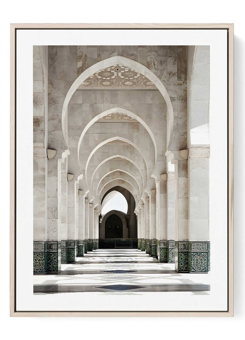 Minimalist line art print of grand white arched columns in a hall.