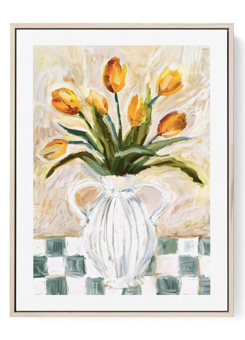 Minimalist line art print of orange tulips in a vase on a checkered table.
