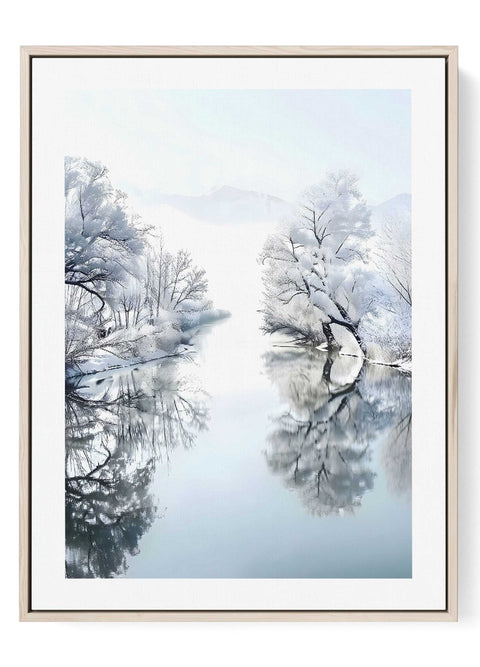 Minimalist line art print of snowy pine trees reflecting in a misty river.