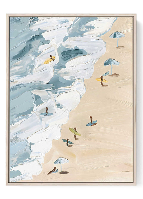 Minimalist line art print of surfers and colorful surfboards on a beach.